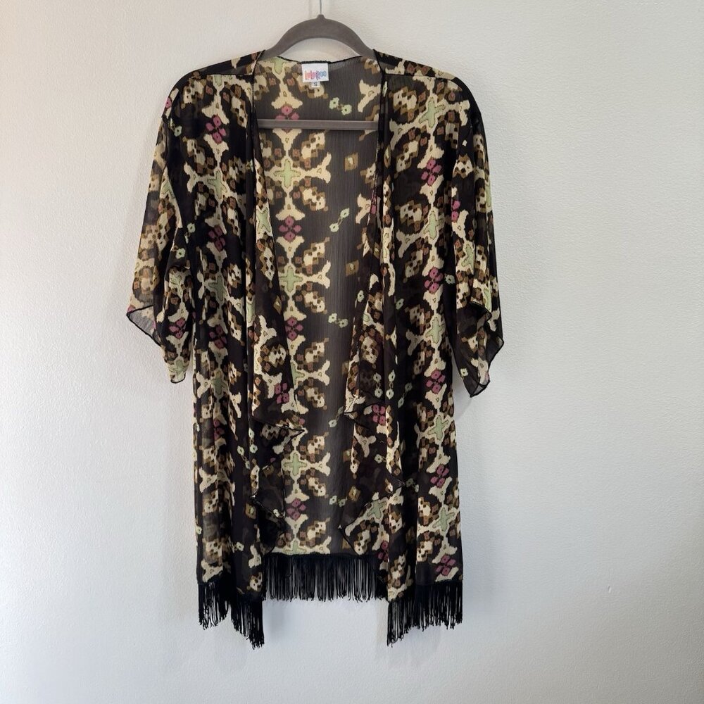 Lularoe Kimono Cardigan S Open Front Fringe Boho Southwestern Native Brown Black